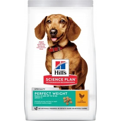 Hill's Science Plan Adult Perfect Weight Small & Mini Dog + 1 кг. гратис - Пълноценна суха храна за израснали кучета от малки и дребни породи, за поддържане на здравословно тегло или ефективно отслабване, с пилешко месо, 5 кг. + 1кг. гратис