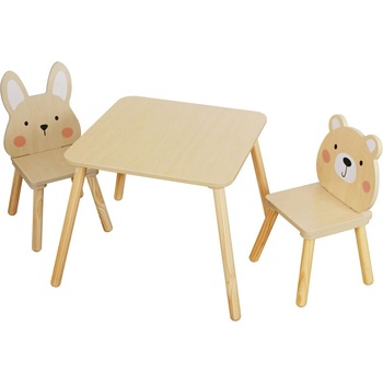 Moni Toys Дървена маса с 2 стола Зайче и Мече w08g410