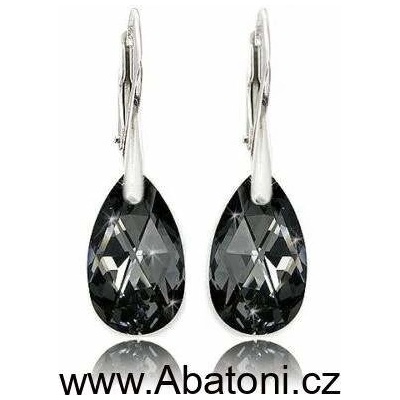 Swarovski Elements Pear krystal 16 mm stříbrné náušnice visací šedo černá slza, kapky 71161.3 Silver Night