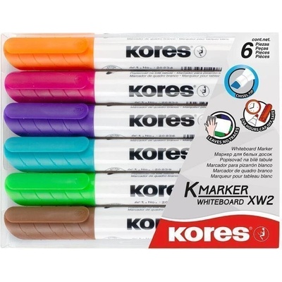 Kores Permanentní popisovač K-MARKER na bílé tabule, zkosený hrot 3-5 mm, mix 6 barev (růžová, tyrkysová, oranžová, hnědá, fialová, světle zelená)