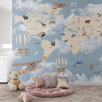 Decono Детски Фототапет Карта на Света с Балони