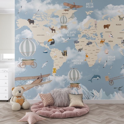 Decono Детски Фототапет Карта на Света с Балони
