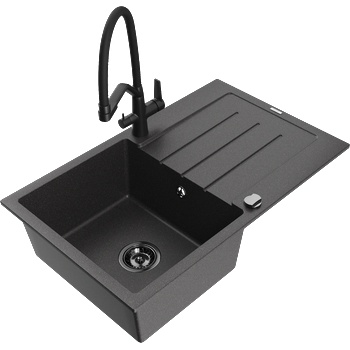 Mexen Bruno гранитна кухненска мивка с едно корито и отцедник и кухненски смесител Duo, черен с пръски - 6513-76-671701-70-B (6513-76-671701-70-B)