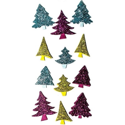 DP Craft Samolepky vánoční 3D glitrové - TREES, 12 Ks BRIGHT