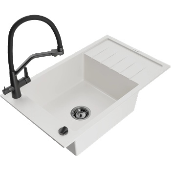 Mexen Elias гранитна кухненска мивка 1-коморна с отцедник и кухненски смесител Duo, бял - 6511-20-671701-70-B (6511-20-671701-70-B)