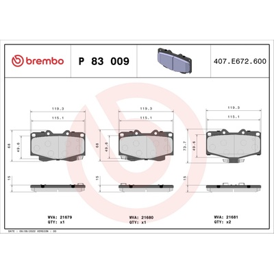 Sada brzdových destiček, vždy 4 kusy v sadě BREMBO P 83 009 (P83009)