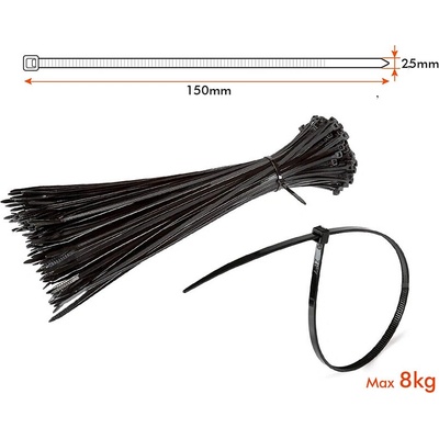V-TAC Sťahovacia páska na káble 2,5x150mm, čierna, 100ks balenie [11162]