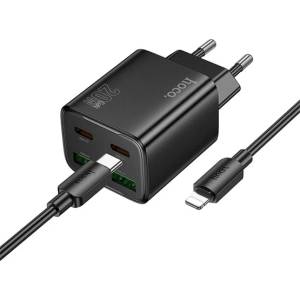 hoco. Захранващо зарядно устройство HOCO N55, 2 USB+2 гнезда Type-C, 20 W, бързо зарядно PD 3.0 + Lightning кабел, ЧЕРНО N55_LIGHTNING_B (N55_LIGHTNING_B)