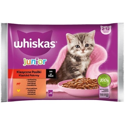 Whiskas Junior Classic Meals Kuřecí a hovězí maso v omáčce 4 x 85 g