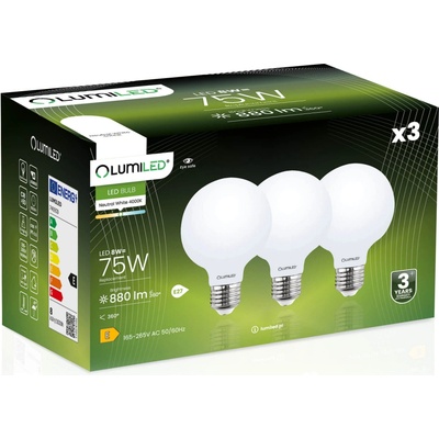 Lumiled 3x LED žárovka E27 G95 8W = 75W 4000K Neutrální bílá 360° Mléčná bublina