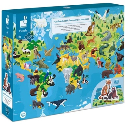 Janod Образователен пъзел Janod от 200 части - Застрашени животни (J02676)
