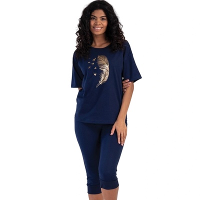 Дамска лятна пижама в тъмносиньо със златисто перо