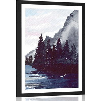 Plakát s paspartou zimní kreslená krajina - 40x60 black