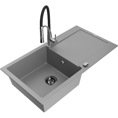 Mexen Leo гранитна мивка с 1 отделение с отцедник и кухненски смесител Aster, сив - 6501-71-73450-07-B (6501-71-73450-07-B)