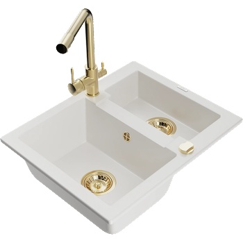 Mexen Carlos гранитна кухненска мивка с 1, 5 камери и кухненски смесител Duero, бял - 6518-20-671600-50 (6518-20-671600-50)