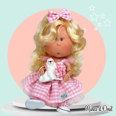 Ръчно изработена кукла от Испания - Мия с руса коса, розова рокля, панделка и кученце (ndo-3405)