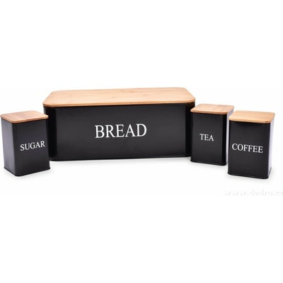 4 KS SADA chlebníku a kovových dóz TEA, COFFEE, SUGAR, černá
