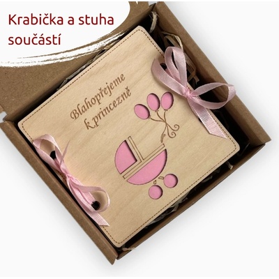 PanDatel Malé dřevěné pouzdro na peníze - NAROZENÍ DÍTĚTE - kočárek