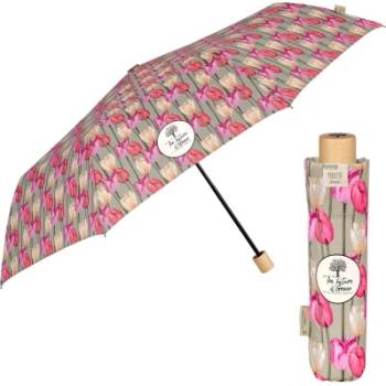 Дамски неавтоматичен чадър Perletti Green 19151, Бежов/Лалета