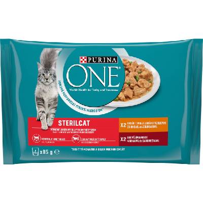 Purina One SterilCat mini filetky s kuraťom a zelenými fazuľkami s hovädzím a mrkvou v šťave 4 x 85 g