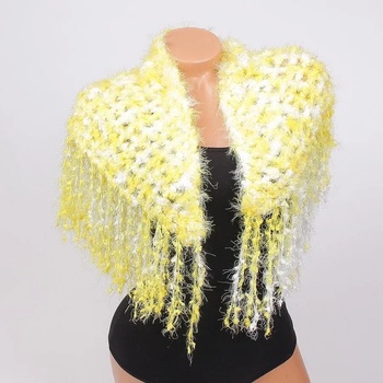 Image 1 of Плетен триъгълен шал в жълто и бяло с ресни