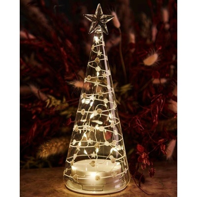 SIRIUS LED svetelný stromček sklenený, číry, 26 cm, biely dekor