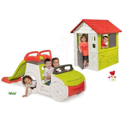 Set detská preliezačka Adventure Car Smoby so šmykľavkou dlhou 150 cm a domček Nature