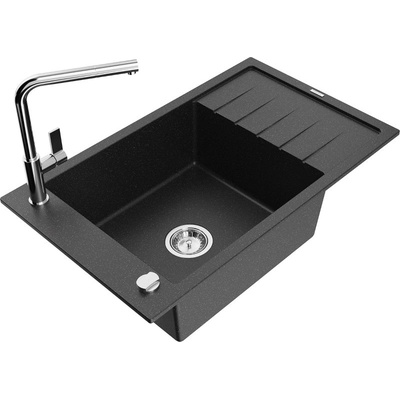 Mexen Elias гранитна мивка с 1 камера с отцедник и кухненски смесител Flora, черен/сребърен металик - 6511-73-670401-00 (6511-73-670401-00)