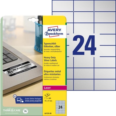 Etikety polyesterové 70x37mm Avery A4 strieborné 20 hárkov
