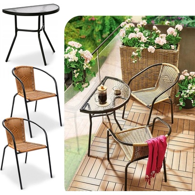 Crossheim C25007 Set Půlkulatý stůl + 2 židle PE rattan, hnědý – Zboží Dáma