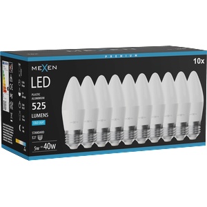 Mexen Nova 10x LED крушка E27, C37, 5W, Студена - 6500K, 525 lm - L102-E27-0565-01x10 (L102-E27-0565-01x10)