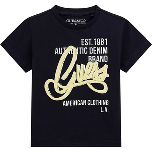 GUESS Тъмно синя тениска за мини момче с жълт надпис Guess