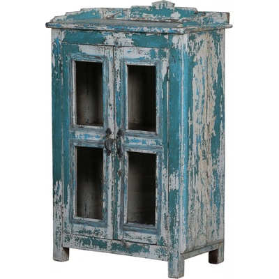 Sanu Babu Prosklená skříňka z teakového dřeva, tyrkysová patina, 64x39x106cm