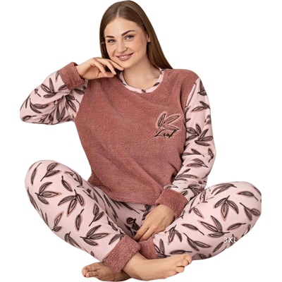 Макси дамска поларена пижама в цвят пудра с листа