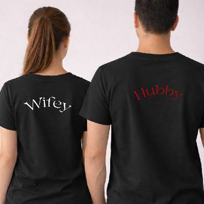Trička s potiskem WIFEY a HUBBY, pro pár Barva: Černá, Velikosti: On L Ona XL, Varianta potisku: Na zádech