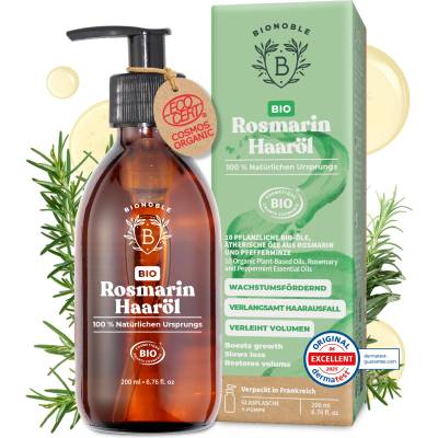 BIONOBLE Rosemary Oil Hair Organic - Promotes Hair Growth, Slows Hair Loss, Scalp Oil - Hair Oil with Rosemary Oil and Castor Oil - Rosemary Oil for Hair Growth - Glass Bottle with Pump - 200ml - France
