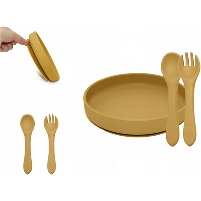PETITE&MARS Set jedálenský silikónový TAKE&MATCH tanier príbor Intense Ochre 6m+ 2 ks