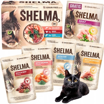 Shelma Cat kuřecí hovězí losos treska 12 x 85 g – Zbozi.Blesk.cz