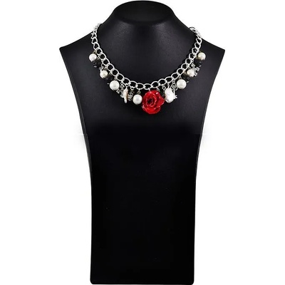 Dannyra Колие с розов цвят, седеф, перли, посребрени елементи Chain-red rose Dannyra Jewels