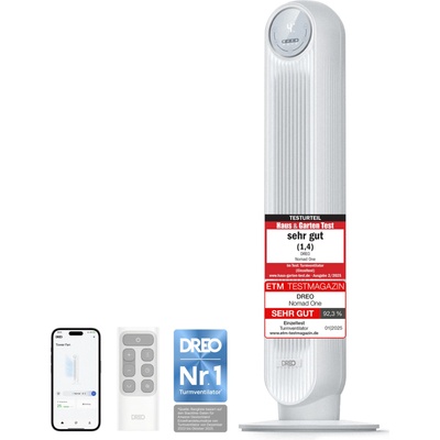DREO Smart 20dB Quiet Tower Fan, 10 m Throw 4 Speed Levels 4 Modes 8 Hour Timer 90° Oscillating Fan with Cooling WiFi & Remote Control for Bedroom, Nomad OneS, White - DR-HTF007S