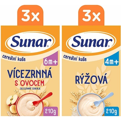 Sunar 2 druhy Vícezrnná s ovocem/Rýžová 6 x 210 g