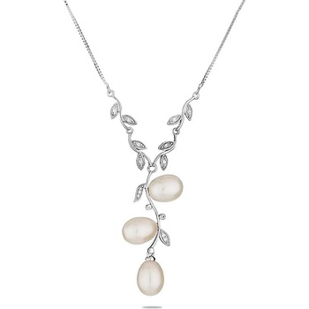 Image 1 of Swan Сребърно колие със сладководни бели перли и листенца цирконий CAA001W Swan