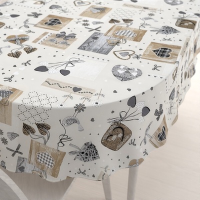 Biante oválny obrus Porto PRT-014 Hnedo-sivé srdiečka na krémovom 130x160 cm
