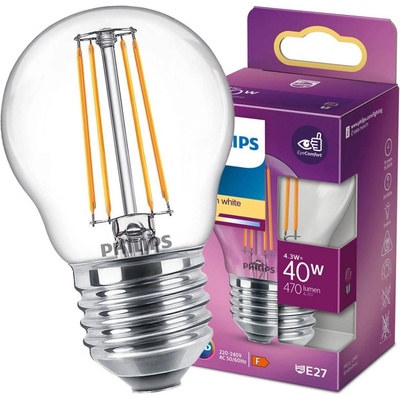 Philips LED žiarovka E27 P45 4,3W = 40W 470lm 2700K Teplé vlákno