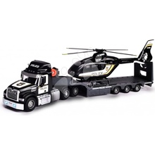 Majorette Tahač s přívěsem a policejní helikoptéra Mack Truck Police Helicopter se zvukem a světlem s gumovými kolečky délka 35 cm