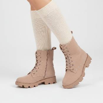 Велурени боти в бежово с връзки и цип