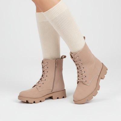 Велурени боти в бежово с връзки и цип