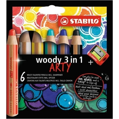 Stabilo Pastelky STABILO woody 3 v 1 ARTY- barvička vodovka voskovka 6 ks + ořezávátko 450502