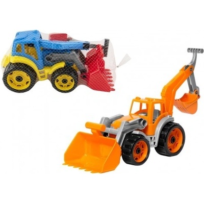 Teddies Traktor / nakladač / bager sa 2 lyžicami plast na voľný chod 2 farby v sieťke 16x35x16cm