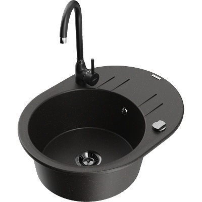 Mexen Kevin гранитна мивка с 1 отделение и отцедник с кухненски смесител Telma, черно/златен металик - 6517-75-670200-70-B (6517-75-670200-70-B)